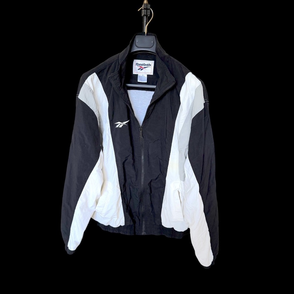 Vintage Reebok Windbreaker Jacket Mens Medium Black White Colorblock 90s Vector